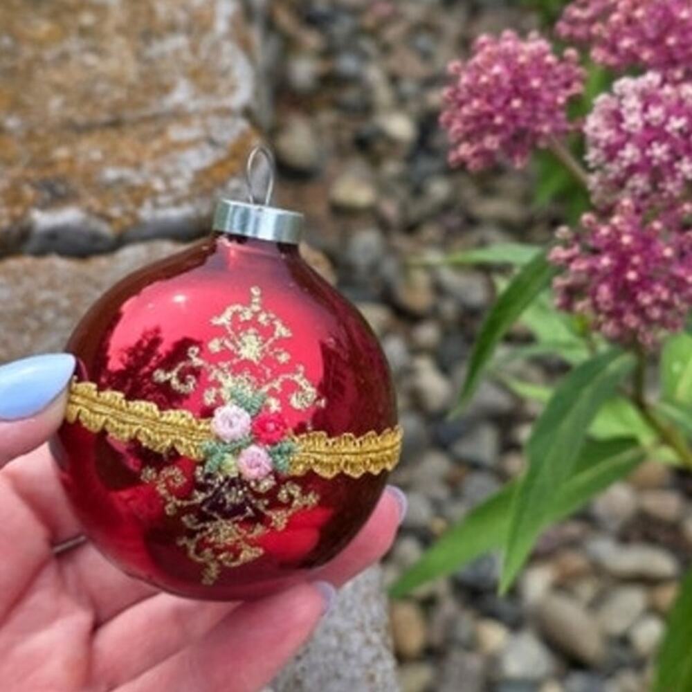 VTG Christmas Ornament Red Glass Globe Western Germany Gold Filigree Rose RARE